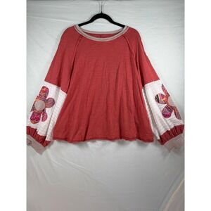 Boho Eyelet Lace Sleeve Floral Appliqué Slub Knit Top Coral Oversized XL Fairy